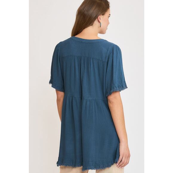 Umgee Raw Hem Detail Notch Neck Relaxed Fit Babydoll Linen Blouse | French Blue - Picture 2 of 6